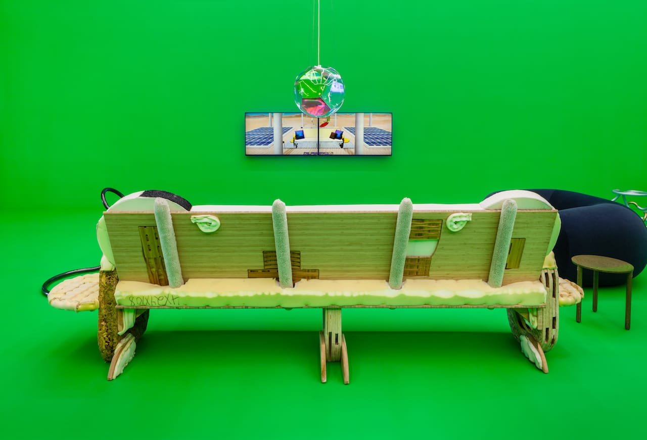 Jessi Reaves, "I just live here" (2015), Plyboo, polyurethane foam, studio dust, adhesive, OBS, plywood, cedar, linen, lycra, polar fleece, glass, ink, hardware, 132 x 27 x 41 inches