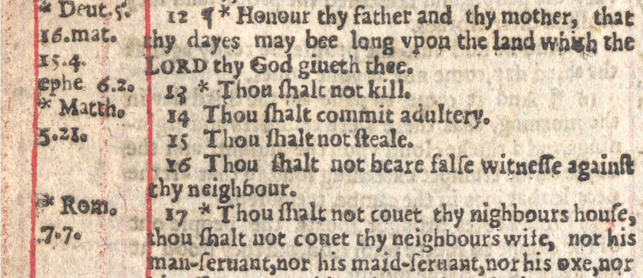 Page from the 1631 "Sinners' Bible" stating "Thou shalt commit adultery" (courtesy Bonhams)