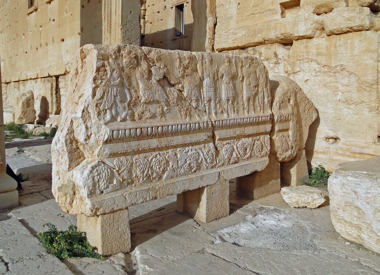 A relief from the temple of Bel, Palmyra, which ISIS recently attacked (image via Wikipedia)