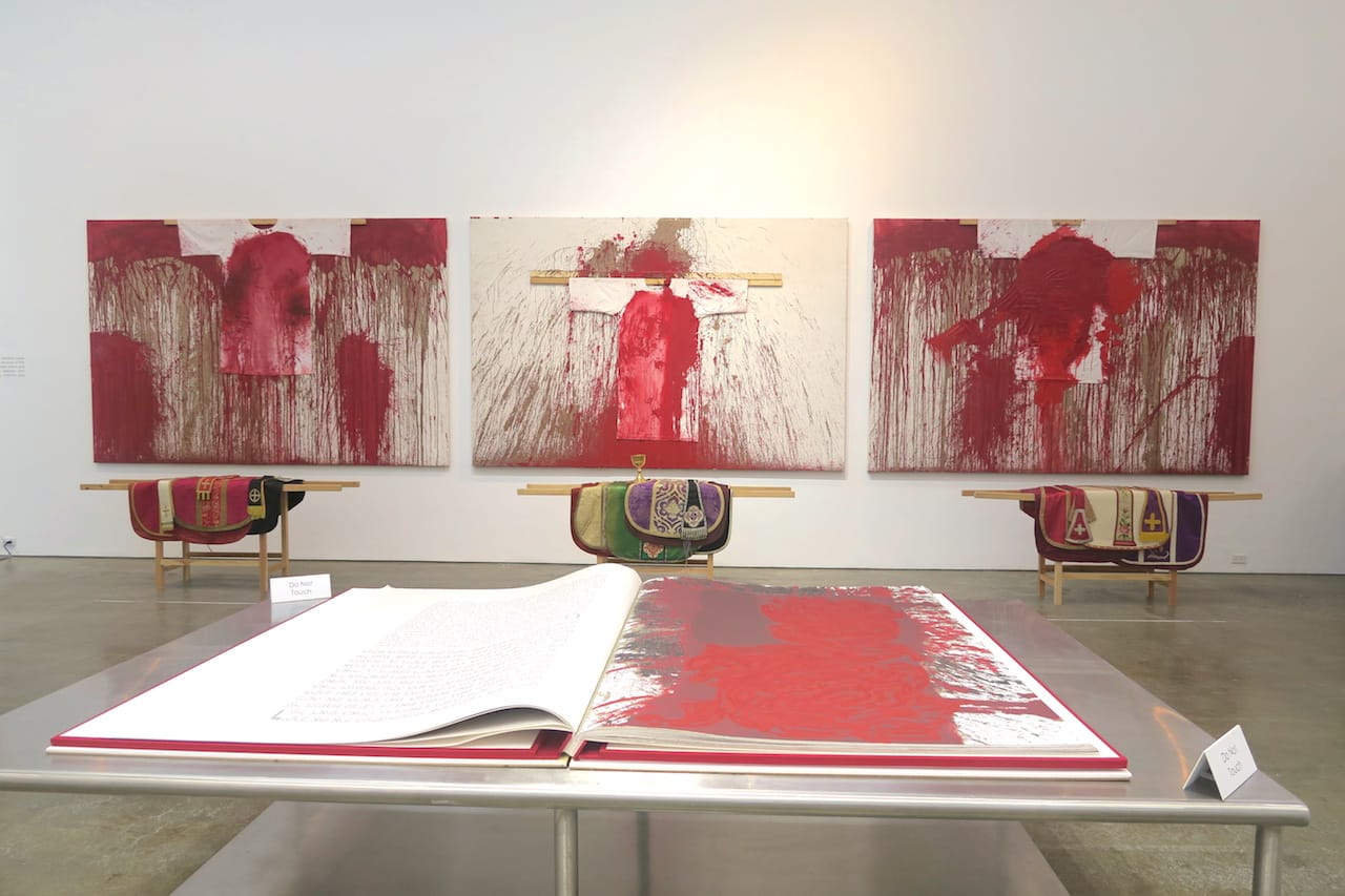 Nitsch, “Station of the Cross” (2009), Acrylic and blood on canvas with shirt (image courtesy of Hudson Valley Center for Contemporary Art)