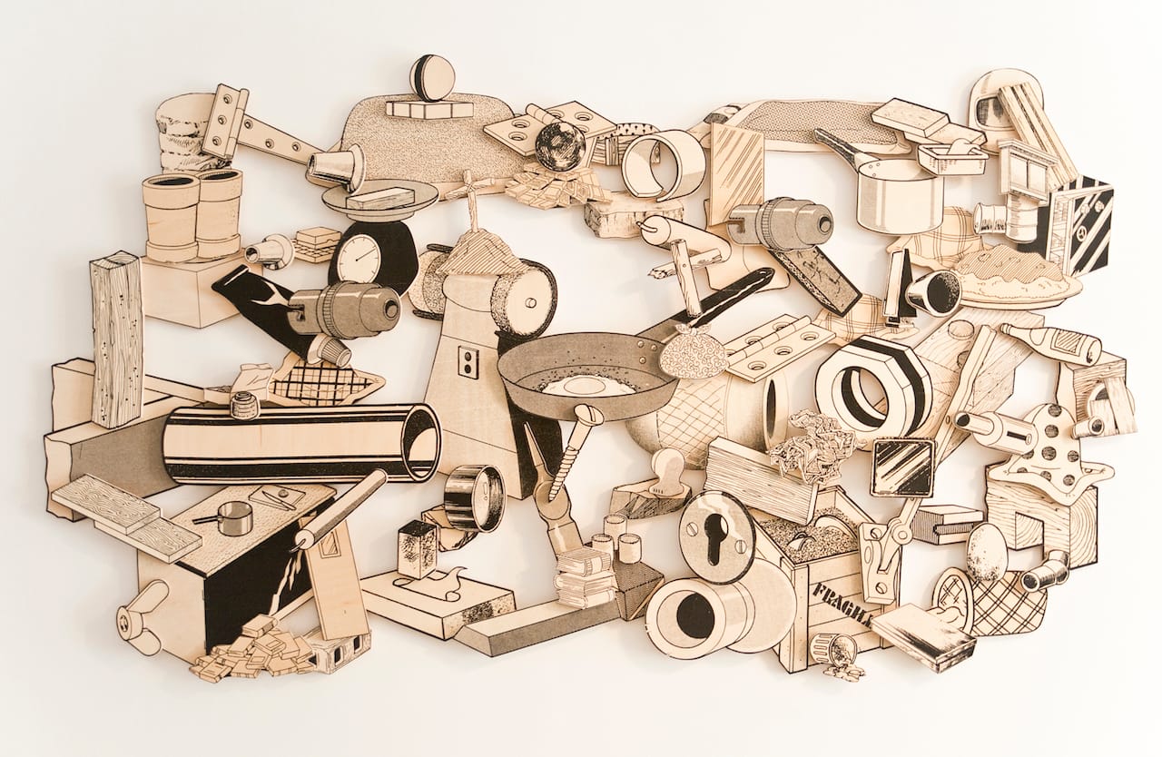 Teppei Kaneuji, "Games, Dance, and the Constructions (unfinished plywood) #7" (2015), screen print, unfinished plywood, aluminum structure, 47 x 83 x 2 inches (courtesy of the artist and Jane Lombard Gallery)