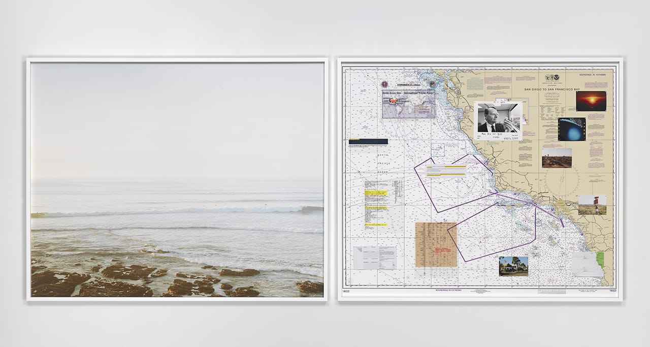Trevor Paglen, "NSA-Tapped Fiber Optic Cable Landing Site, Morro Bay, California, United States" (2015), c-print and mixed media on navigational chart (click to enlarge)