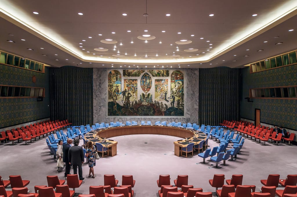 The textile on the walls of the United Nations Security Council Chamber (photo by John Gillespie/Flickr)