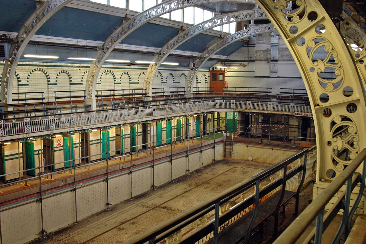 The abandoned Gala pool at the Moseley Road Baths in the United Kingdom, which are still in use and date to the Edwardian era, although they're not at risk of being closed (photo by Vivienne Harrison/World Monuments Fund)