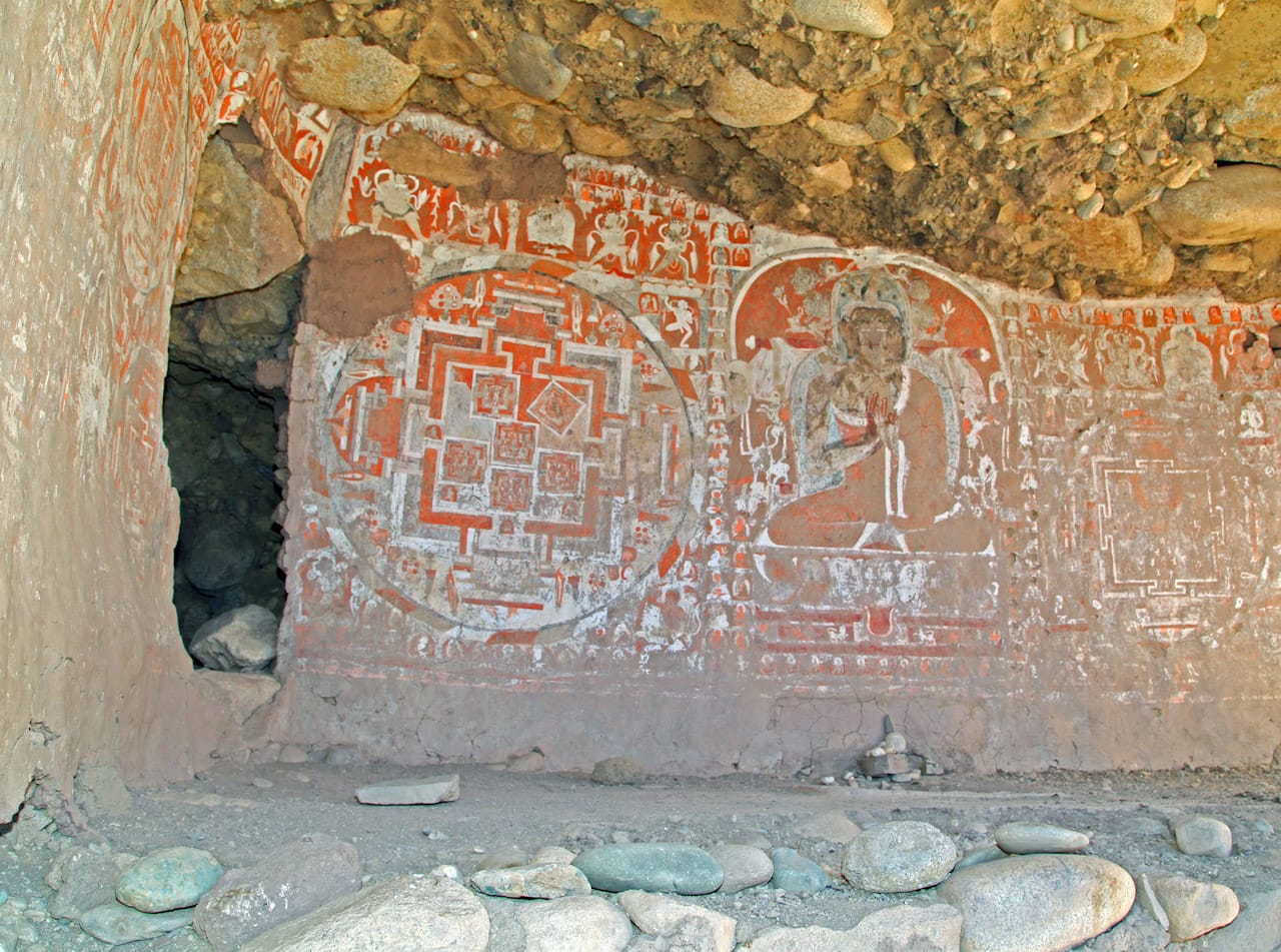 Gon-Nila-Phuk Cave Temples and Fort in India, showing one of the Buddhist wall paintings in danger of disintegration of the rock (photo by INTACH, Ladakh Chapter/World Monuments Fund)