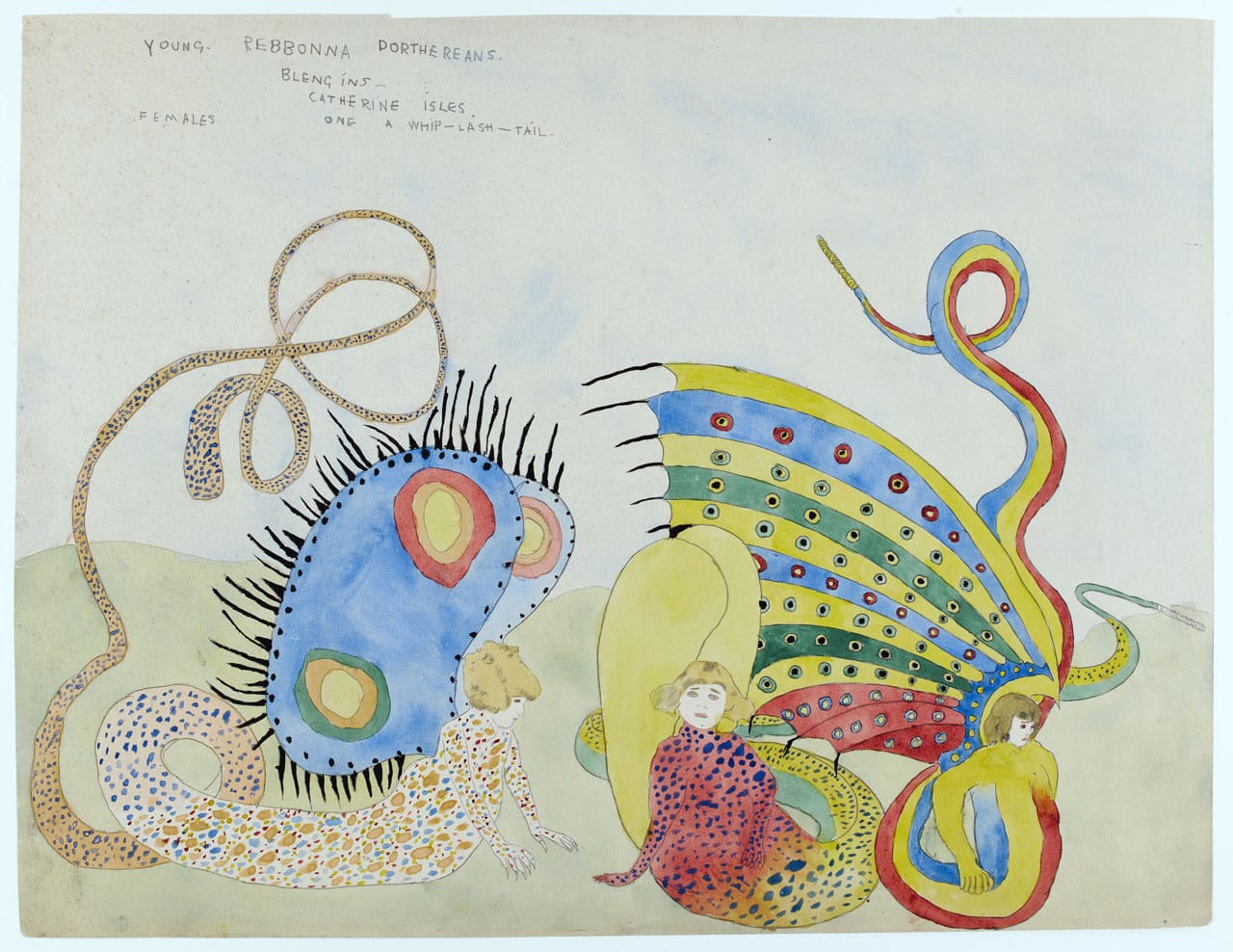 Henry Darger (1892-1973). " Young Rebonna Dorthereans - Blengins - Catherine Isles, Female, One whip-lash-tail". Crayon et aquarelle sur papier, 1910-1970.