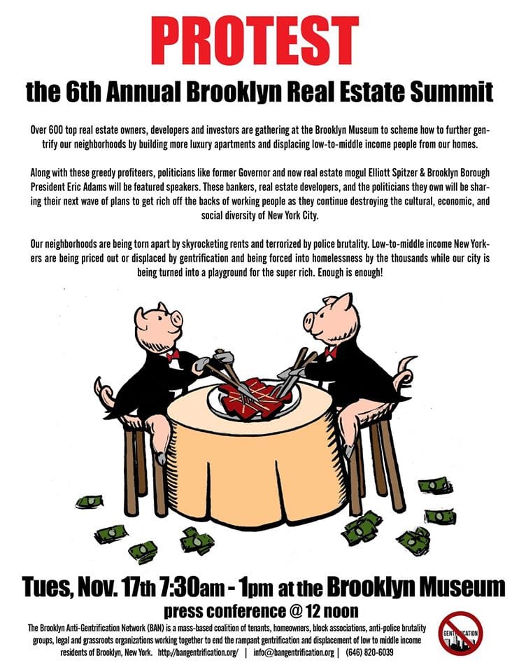 The poster to demonstrate the summit on November 17 (click to enlarge) (image courtesy Brooklyn Anti-Gentrification Network)