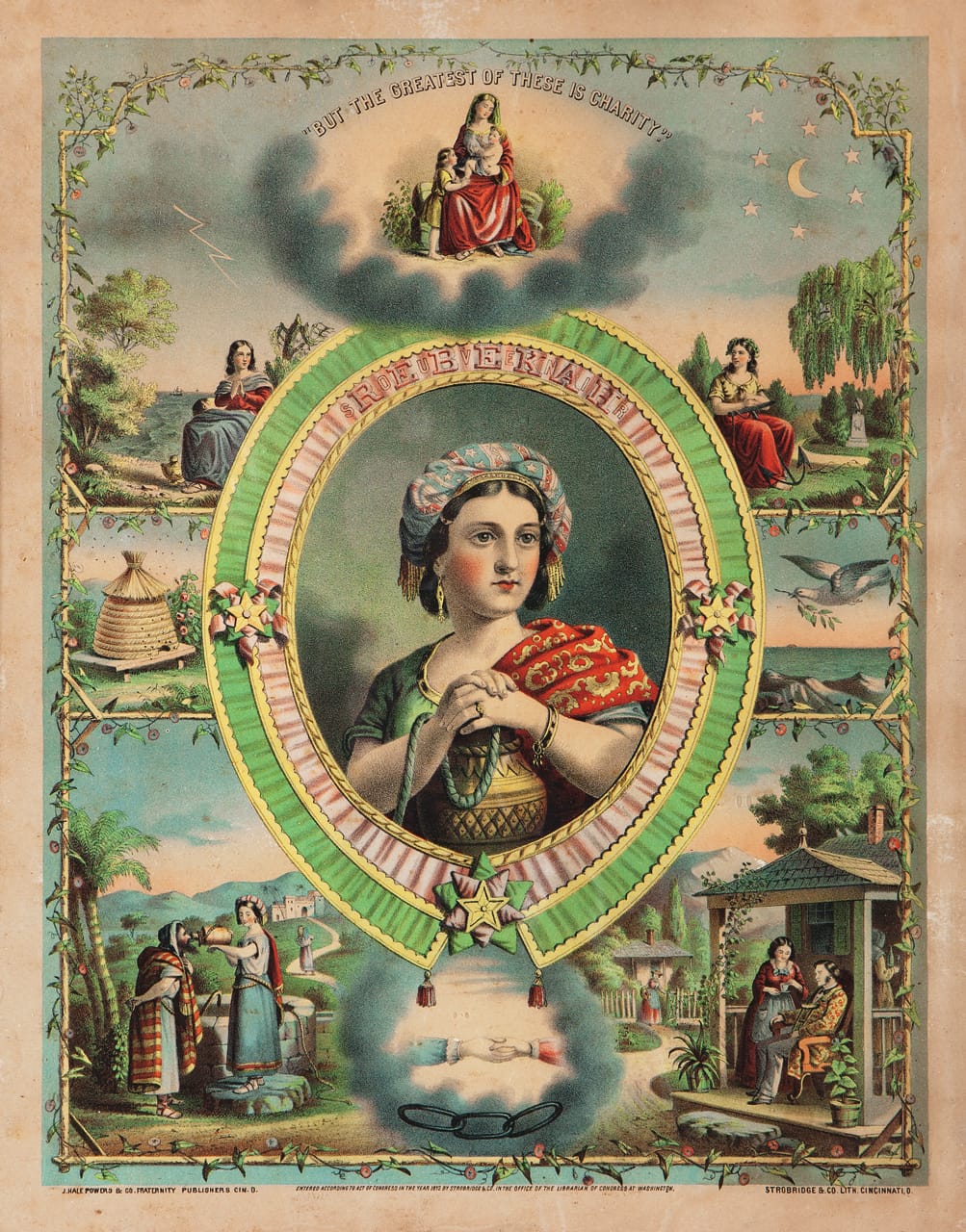 Rebekah souvenir (1872), Strobridge & Co., Cincinnati, Ohio, chromolithograph, 20 × 16 in. (courtesy Webb Collection)