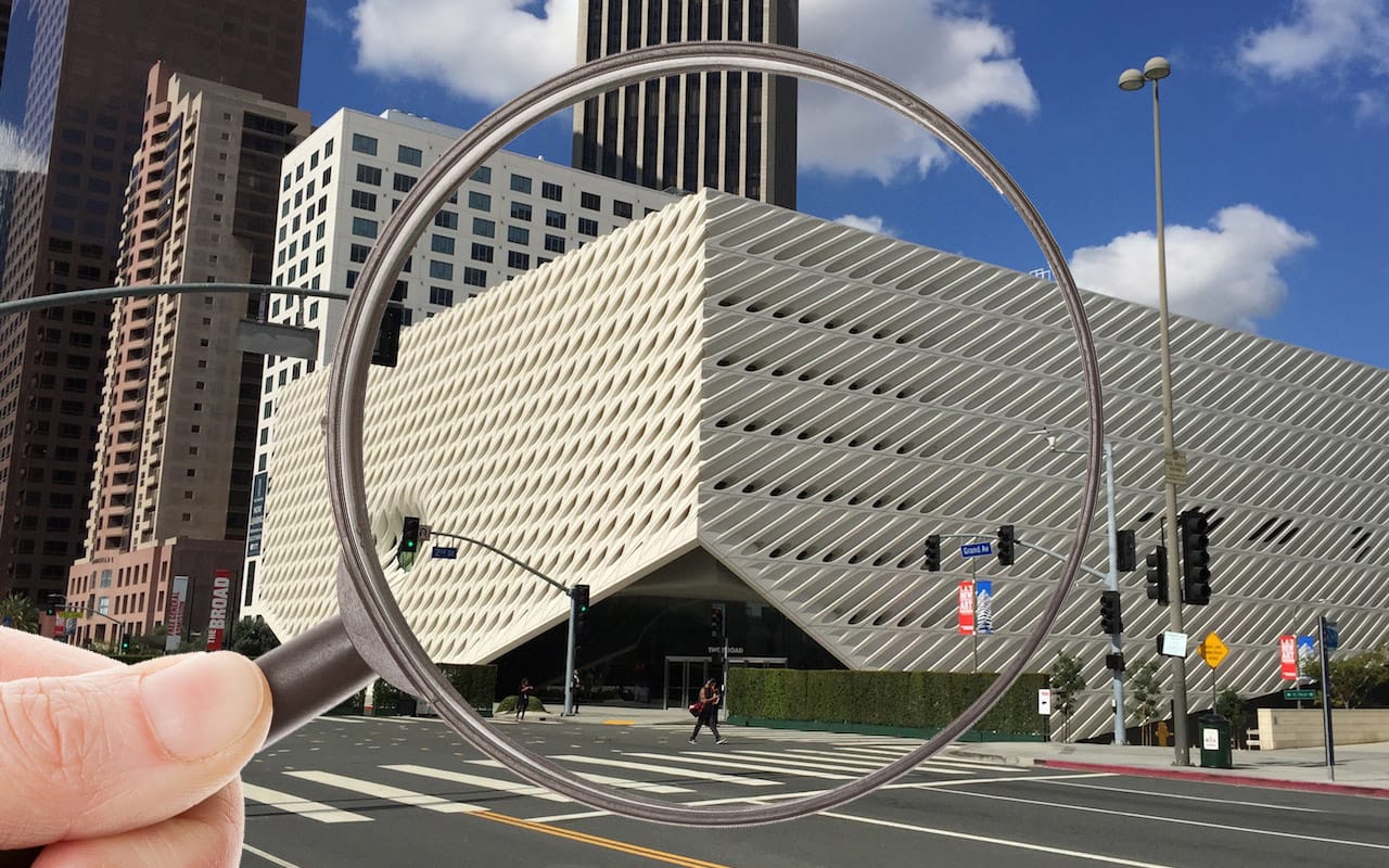 Institutions like the Broad in Los Angeles are coming under government scrutiny. (photo by Matt Stromberg for Hyperallergic, illustration by the author)