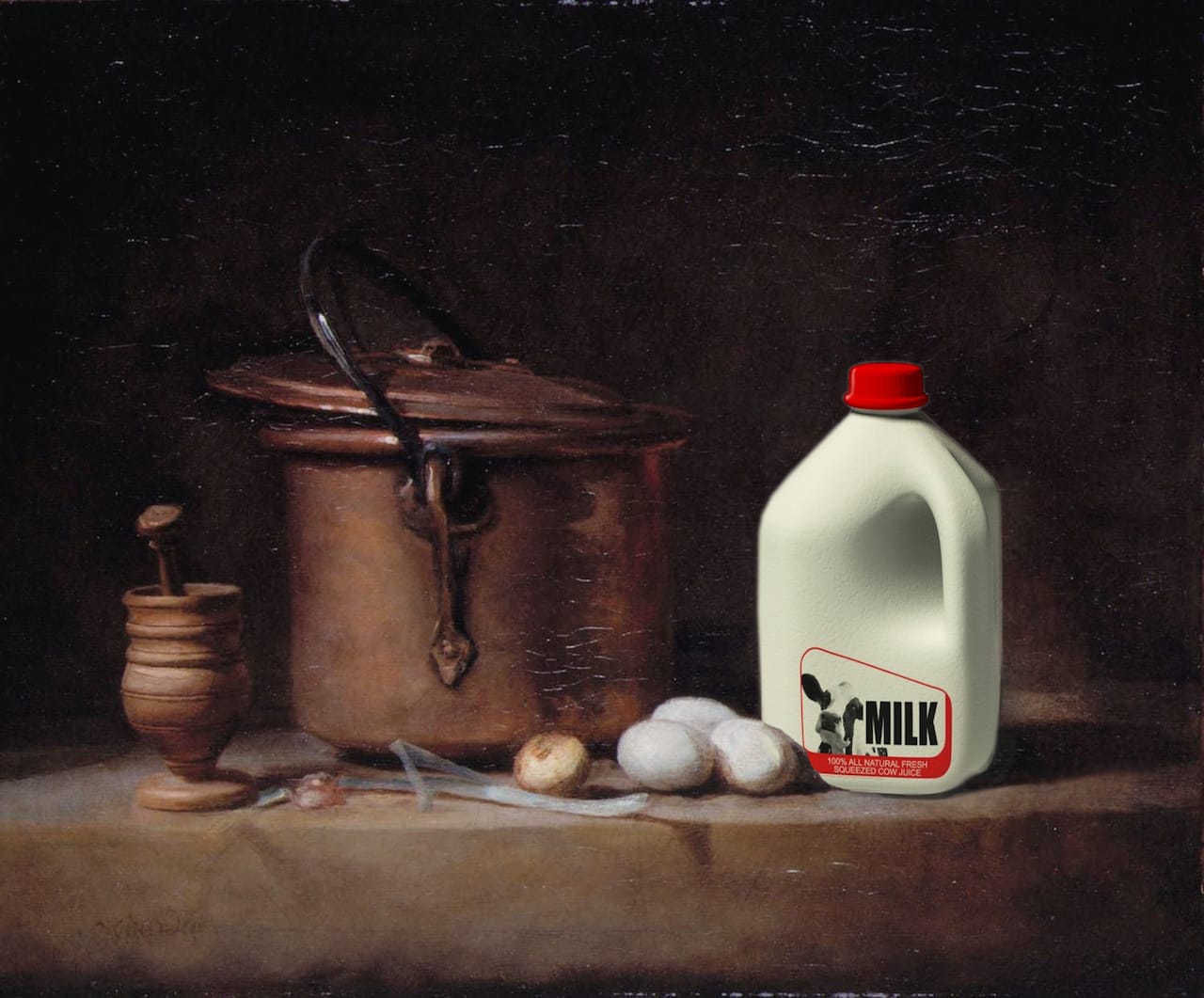 "Kitchen Still Life with a Copper Cauldron, a Mortar and Pestle, a Leek, and a Gallon of Milk" (after Jean-Baptiste-Siméon Chardin)