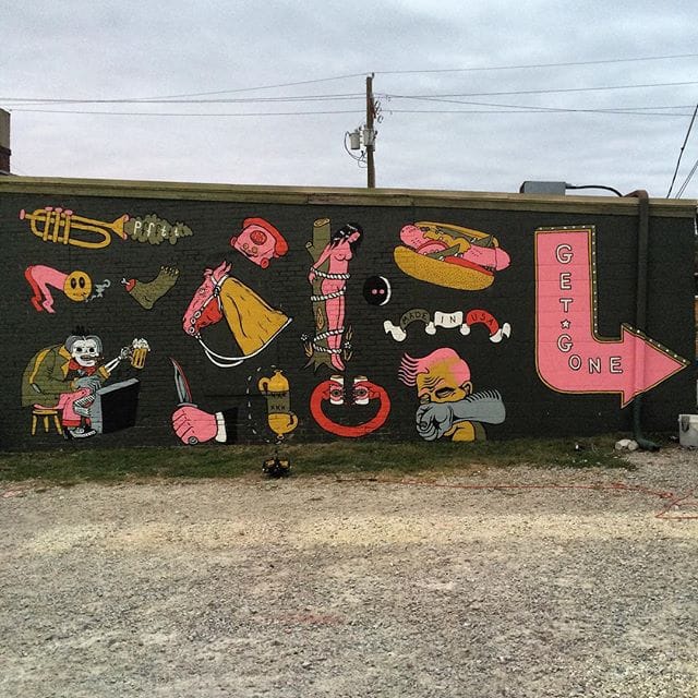 Mural by The Droops on the exterior of Spot Tavern in Lafayette, Indiana (photo by @TheDroops/Instagram)