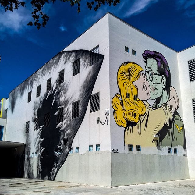 Murals by Shark Toof and D*Face on the exterior of Jose de Diego Middle School in Miami's Wynwood district (photo by @eyenoordherbie/Instagram)