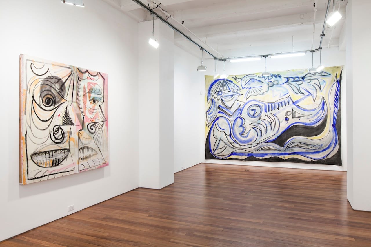 Installation view, 'Alex Crocker: Wyrd' at Ana Cristea Gallery, with "Double GodHead Style" (2015), pigment, rabbit skin glue, beetroot, oil stick and oil on canvas, 65 x 63 in, at left and "Skye Saxon and The Seeds" (2015), pigment, rabbit skin glue on canvas, 118 x 157 in, at right