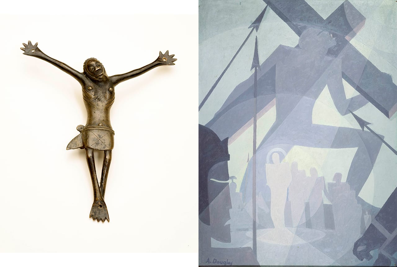 Left: Kongo artist, Democratic Republic of the Congo, Crucifix (17th century), copper alloy, 8 1/2 x 6 7/8 x 1 3/8 in, National Museum of African Art, Smithsonian Institution, gift of Walt Disney World Co, a subsidiary of The Walt Disney Company (photo by Franko Khoury); right: Aaron Douglas, "Crucifixion" (1934), oil on Masonite, 48 x 36 in, Collection of Camille O. and William H. Cosby Jr (photo by by Frank Stewart, © Heirs of Aaron Douglas / Licensed by VAGA, New York, NY)