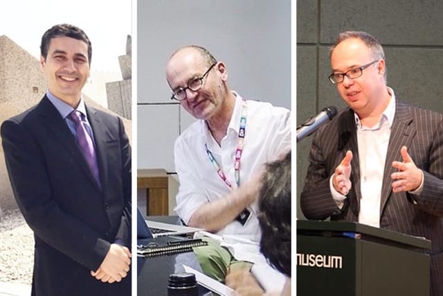 Museum directors Abdellah Karroum, Vasif Kortun, and Charles Esche (images via @mathafmodern/Instagram; @salt_online/Instagram; @cea + / Flickr under CC BY 2.0 license)