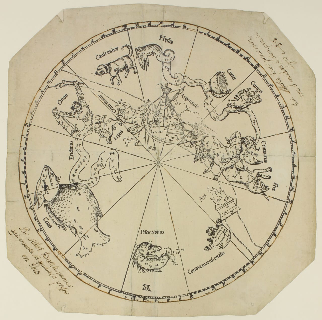 Southern hemisphere star map by Albrecht Dürer (courtesy Art Collections of the City of Nuremberg) (click to enlarge)