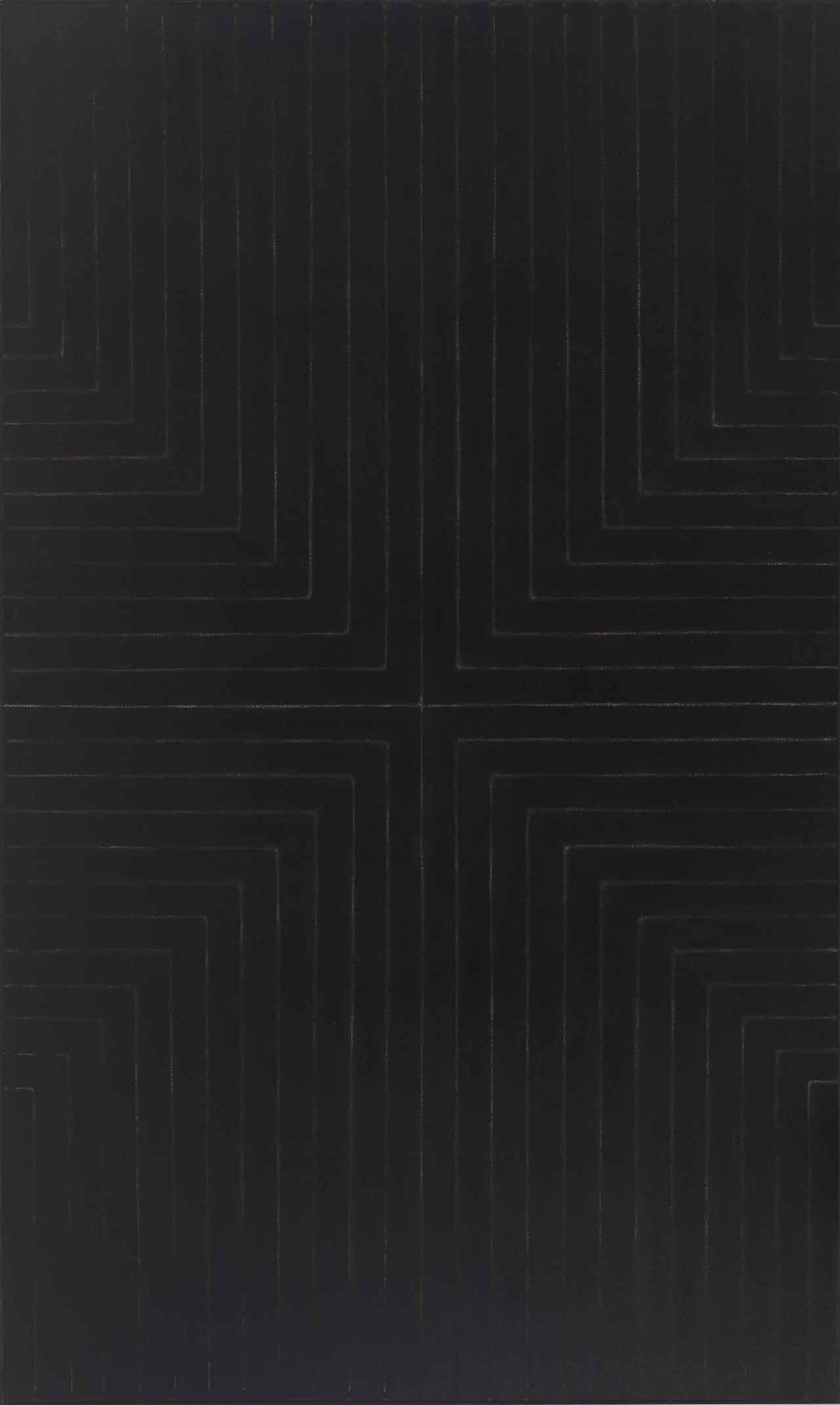 Frank Stella, "Die Fahne hoch!" (1959), enamel on canvas, 121 5/8 x 72 13/16 inches, Whitney Museum of American Art, New York; gift of Mr. and Mrs. Eugene M. Schwartz and purchase with funds from the John I. H. Baur Purchase Fund, the Charles and Anita Blatt Fund, Peter M. Brant, B. H. Friedman, the Gilman Foundation, Inc., Susan Morse Hilles, The Lauder Foundation, Frances and Sydney Lewis, the Albert A. List Fund, Philip Morris Incorporated, Sandra Payson, Mr. and Mrs. Albrecht Saalfield, Mrs. Percy Uris, Warner Communications Inc., and the National Endowment for the Arts (© 2015 Frank Stella/Artists Rights Society [ARS], New York; digital Image © Whitney Museum)