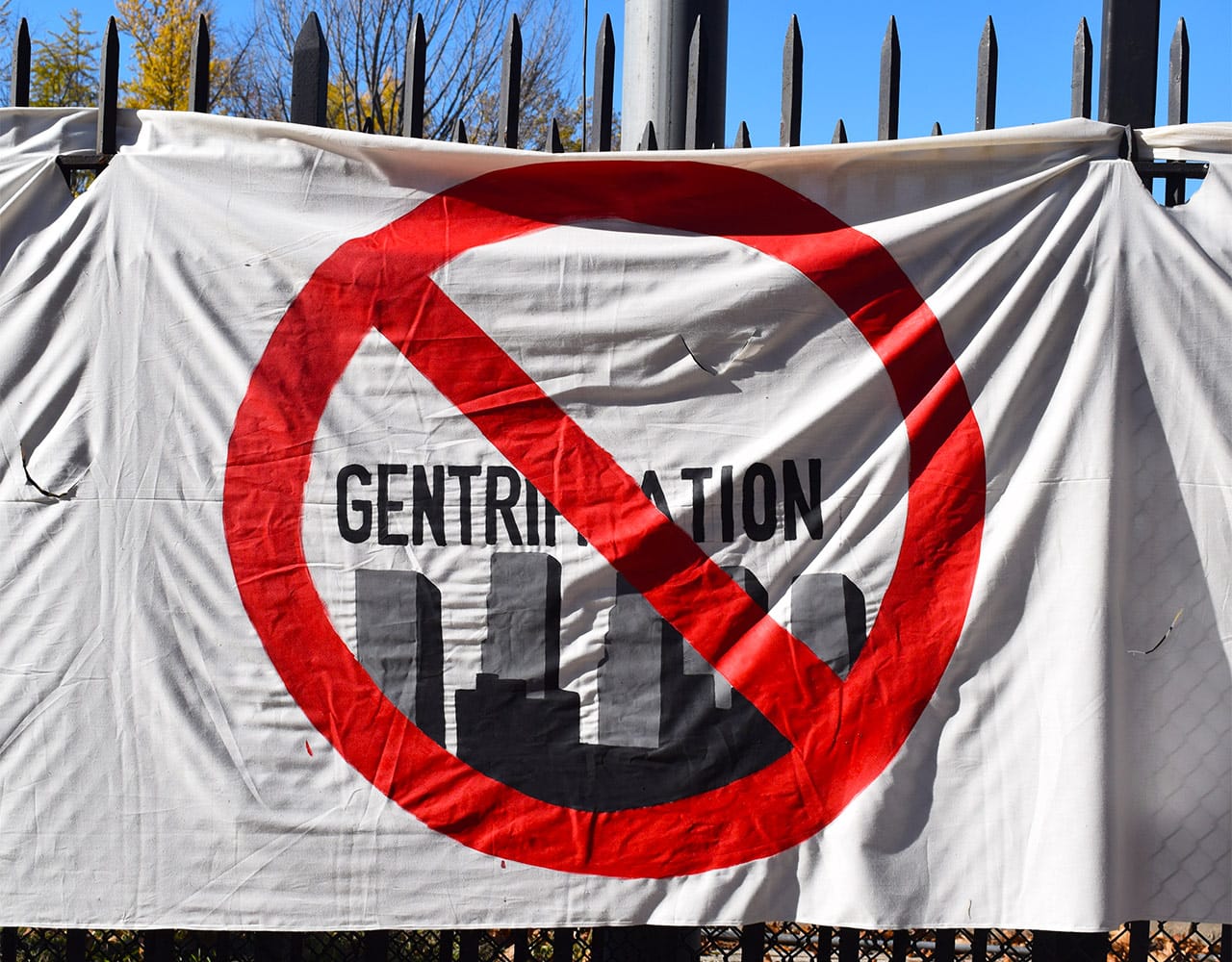 A Brooklyn Anti-Gentrification Network banner during a recent protest at the Brooklyn Museum