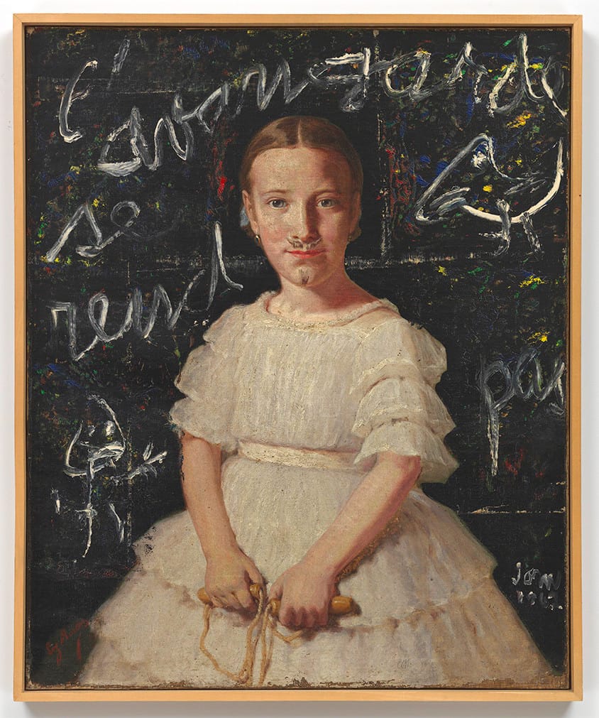 Asger Jorn, "L'avant-garde se rend pas" (1962), Oil on found painting on canvas, 28 3/4 x 23 5/8 inches (via blumandpoe.com)