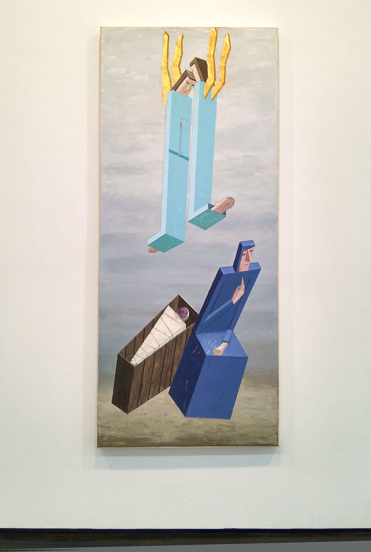 Mernet Larsen, "Nativity" (2005), acrylic and mixed media on canvas, 74 x 31 1/2 in