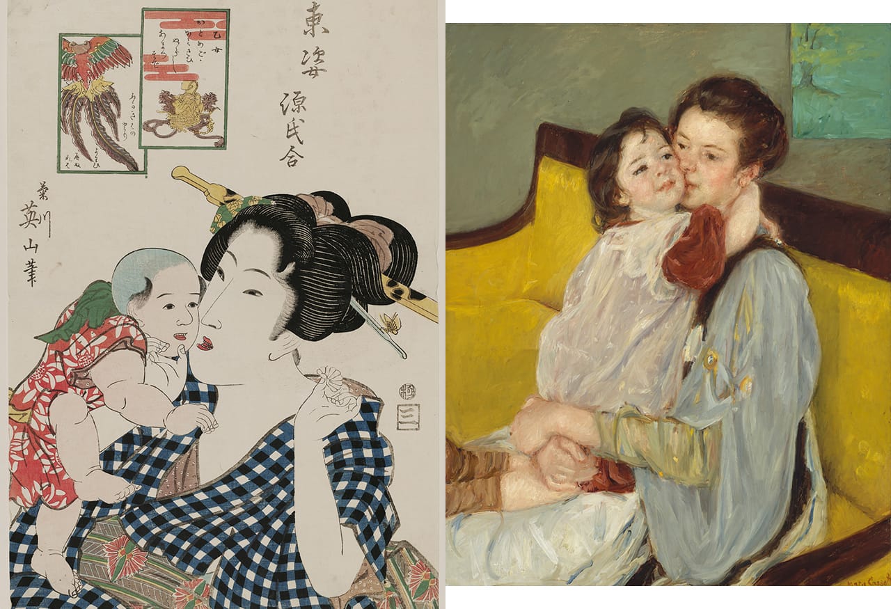 Left: detail of Kikukawa Eizan, "Otome" (c. 1818–23), from the series 'Eastern Figures Matched with the Tale of Genji,' woodblock print, ink and color on paper, Museum of Fine Arts, Boston, William Sturgis Bigelow Collection; right: Mary Stevenson Cassatt, "Maternal Caress (Caresse maternelle)" (c. 1902), oil on canvas, Museum of Fine Arts, Boston, gift of Miss Aimee Lamb in memory of Mr. and Mrs. Horatio Appleton Lamb (both photos © 2015, MFA, Boston)