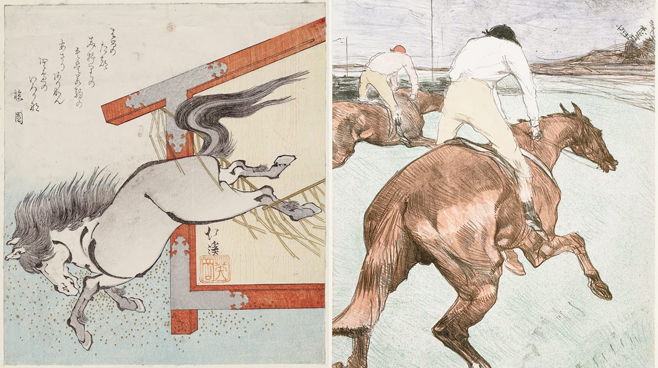 Left: Totoya Hokkei, Painted horse escaping from votive plaque (1834), woodblock print, ink and color on paper, Museum of Fine Arts, Boston, William Sturgis Bigelow Collection; right: Henri de Toulouse? Lautrec, detail of "The jockey" (1899), lithograph, color on paper, Museum of Fine Arts, Boston, fund in memory of Horatio Greenough Curtis (both photos © 2015, MFA, Boston) (click to enlarge)