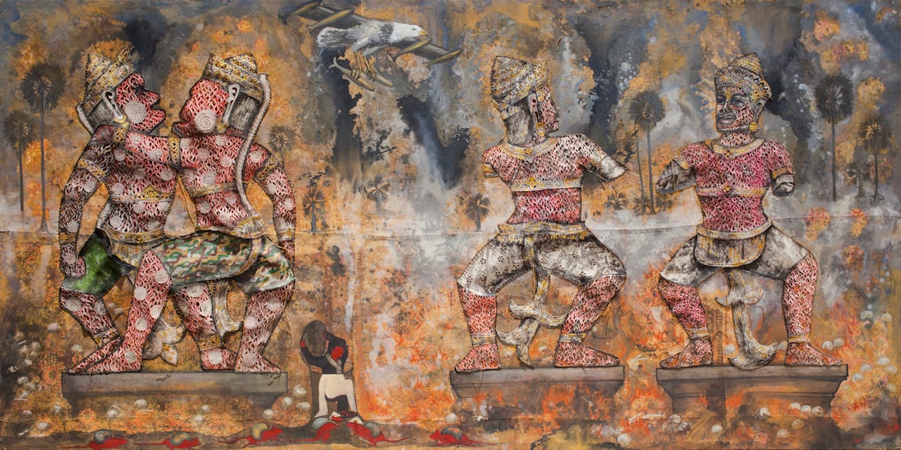 Leang Seckon, "Indochina War" (2015), mixed media on canvas, 78.7 x 157.5 inches/200 x 400 cm (all photos courtesy of Sundaram Tagore Gallery)