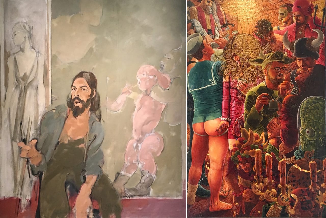 George Dureau, "Self Portrait" (n.d.) and Michael Meads, "Halloween Party" (1995) (images courtesy Ogden Museum of Southern Art)