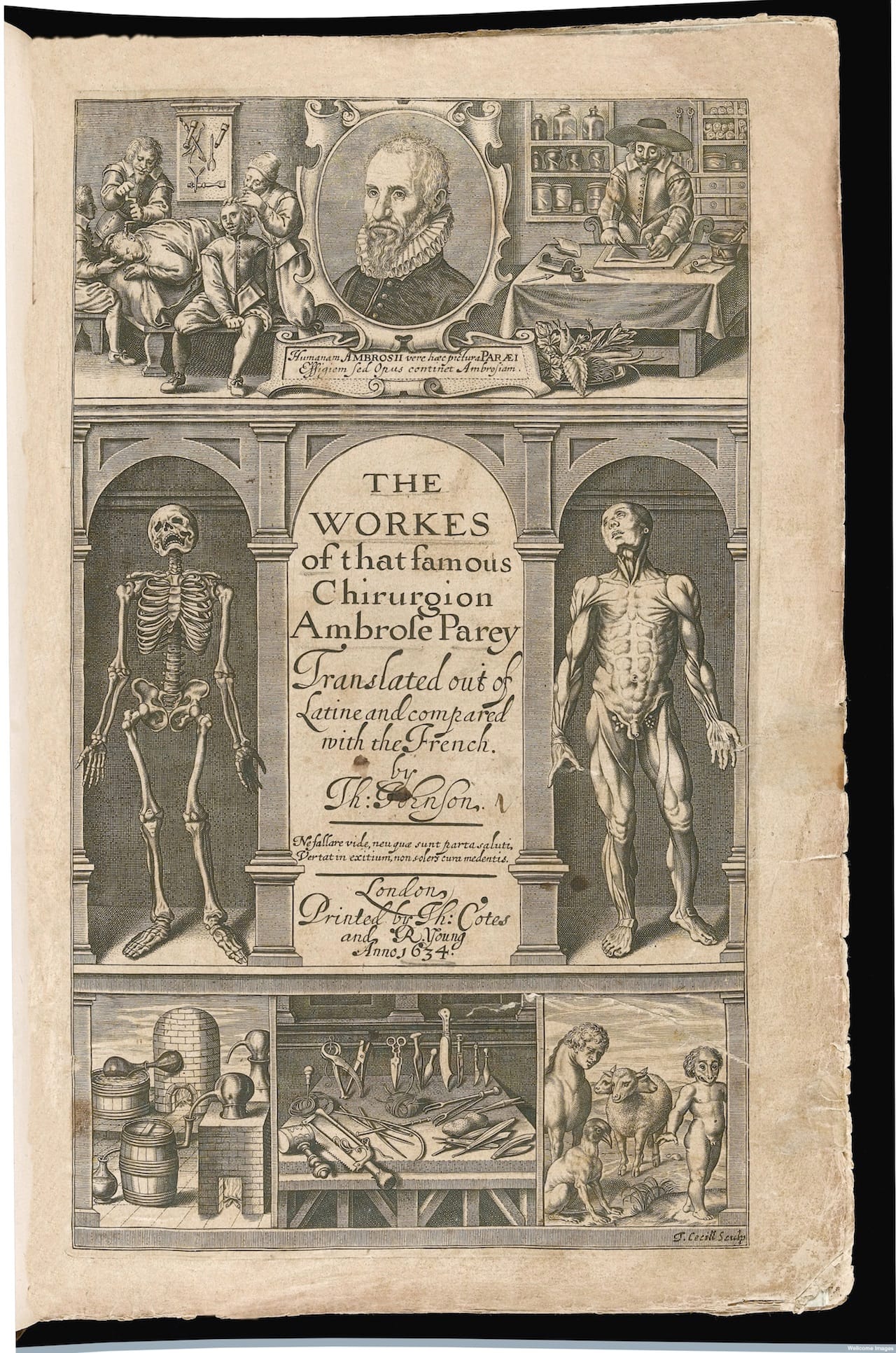 L0041056 The Workes, Frontispiece Credit: Wellcome Library, London. Wellcome Images images@wellcome.ac.uk http://wellcomeimages.org The Workes, Frontispiece 1634 By: Ambroise ParÈThe workes of ... Ambrose Parey Ambroise ParÈ Published: 1634 Copyrighted work available under Creative Commons Attribution only licence CC BY 4.0 http://creativecommons.org/licenses/by/4.0/