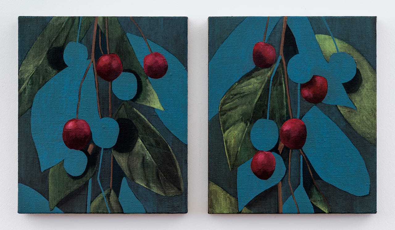 Ryan Mrozowski, "Pair (Cherries)" (2015), acrylic on linen, 14 x 12 in. each