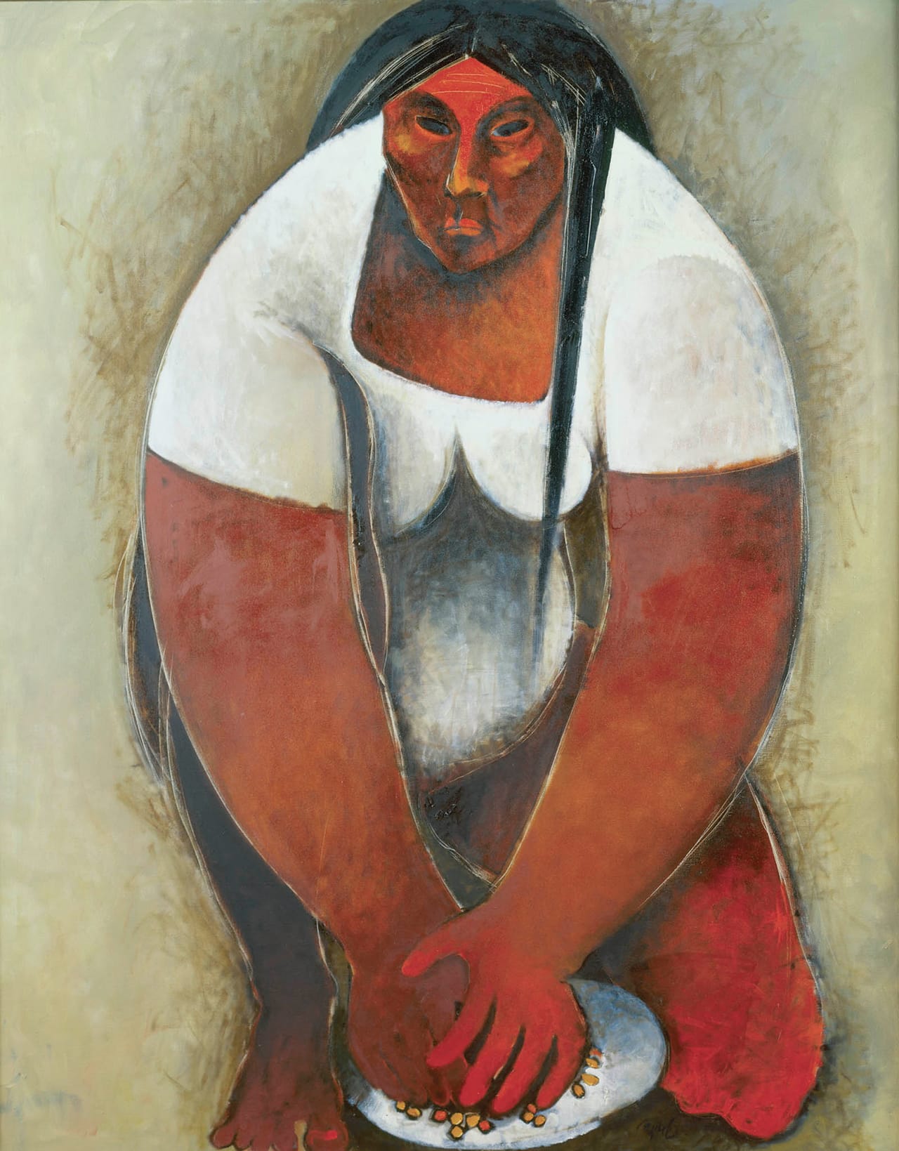 William Pajaud, "Mujer con Maiz, Tortilla Maker 4" (1973), from the 'Mujeres' series, oil on canvas, 58 7/8 x 48 in, Collection of Camille O. and William H. Cosby Jr (photo by Frank Stewart, permission courtesy the artist)