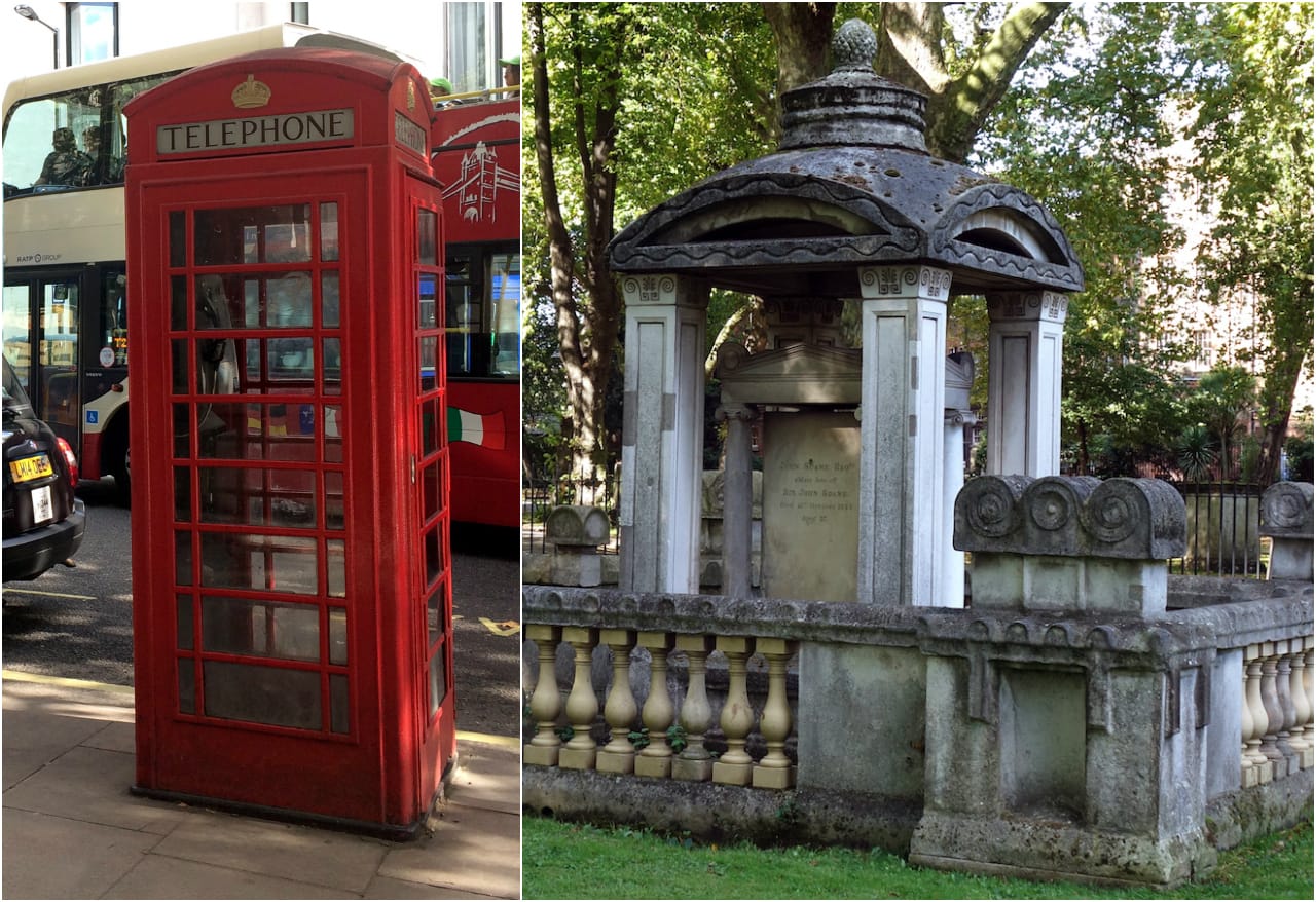 London telephone box and Eliza Soane's tomb (all photos by the author for Hyperallergic unless noted)