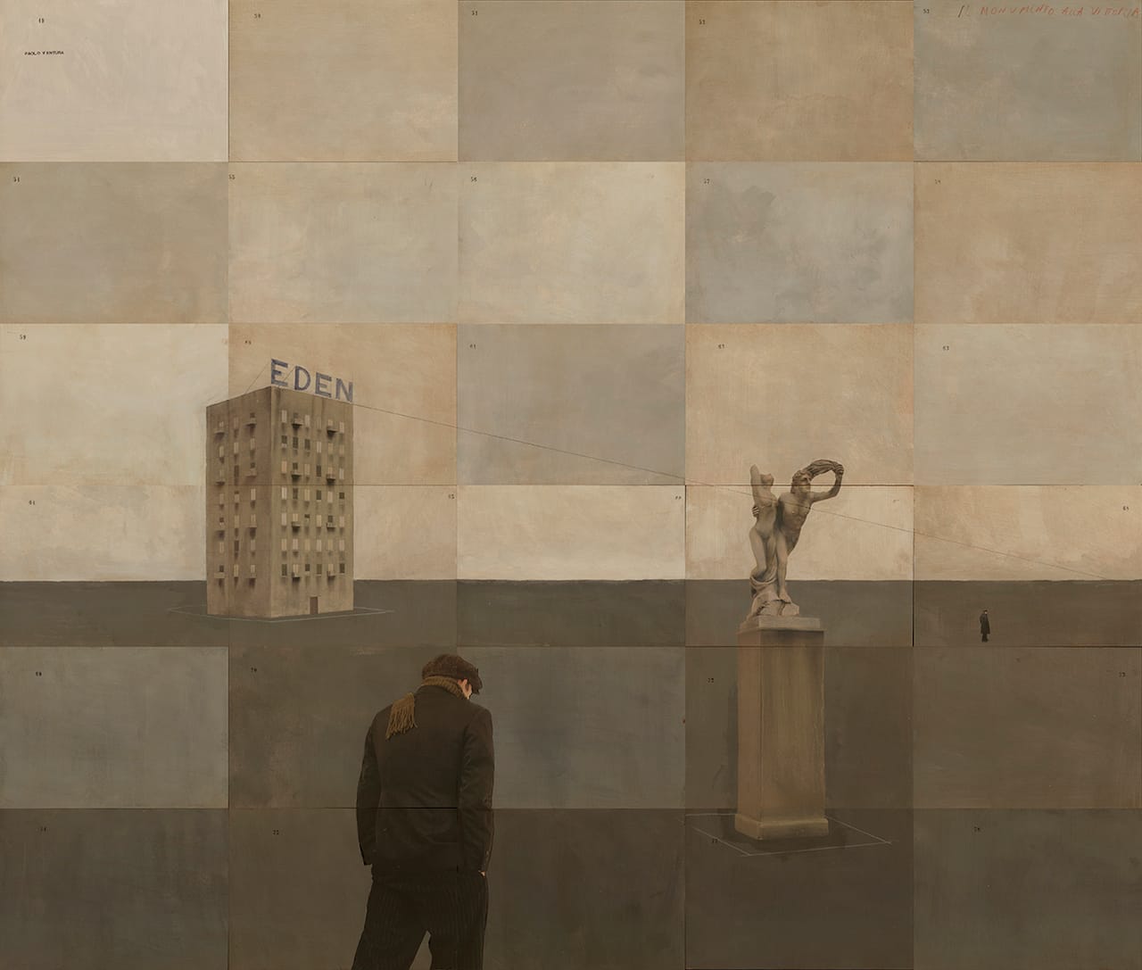 Paolo Ventura, "Piazza Monumento" (2015), hand-painted photograph with collage, 50 x 58-1/2 inches (all photos courtesy the Weinstein Gallery unless noted)