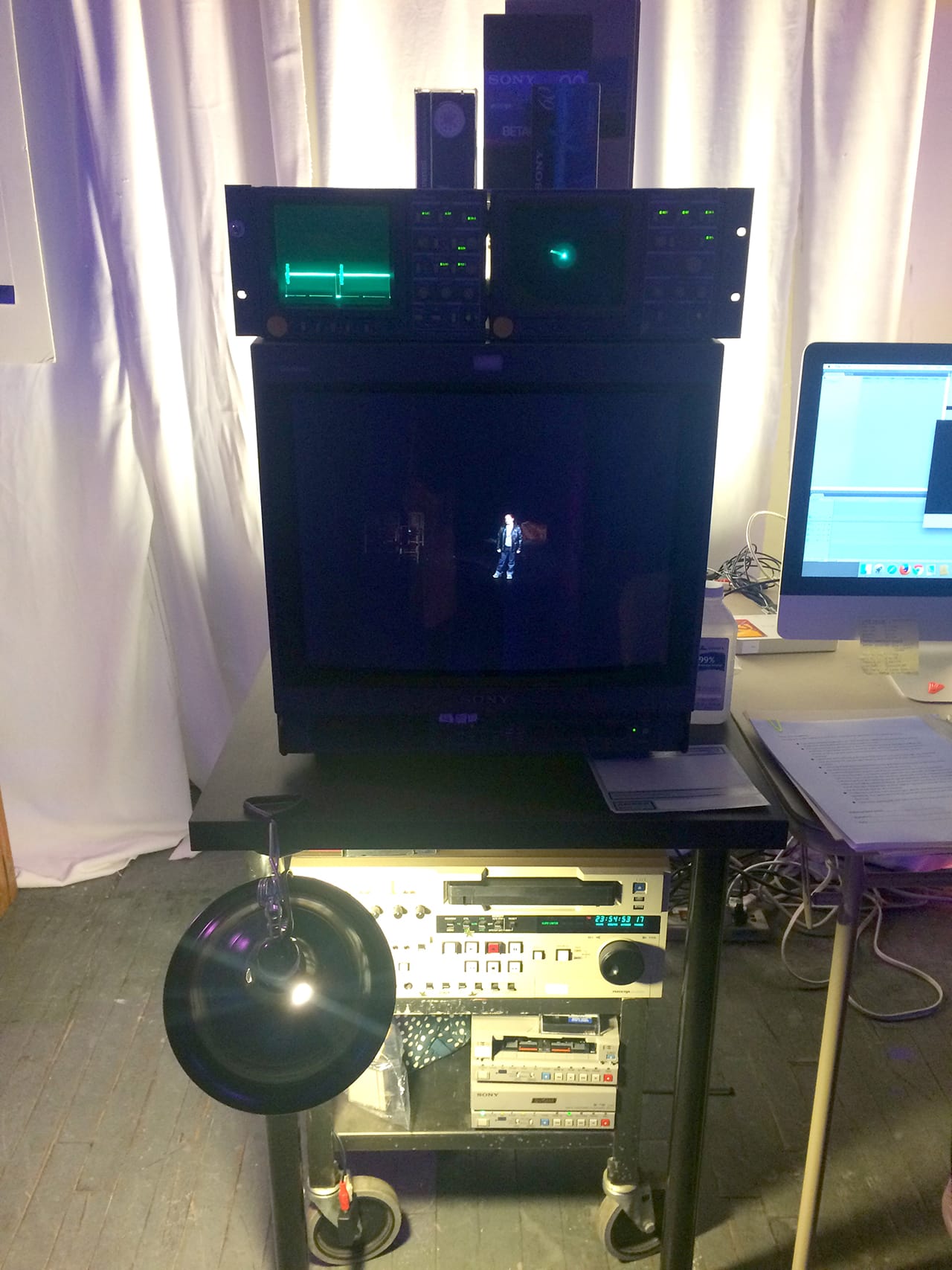 XFR Collective's rack at MIX NYC, equipped with vectorscope, wave form scope, CRT monitor, mini DV deck, and VHS deck (click to enlarge)