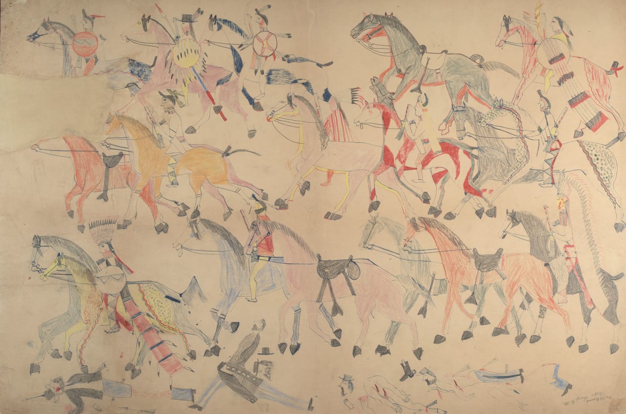 Red Horse, "Untitled from the Red Horse Pictographic Account of the Battle of the Little Bighorn" (1881), graphite, colored pencil, and ink