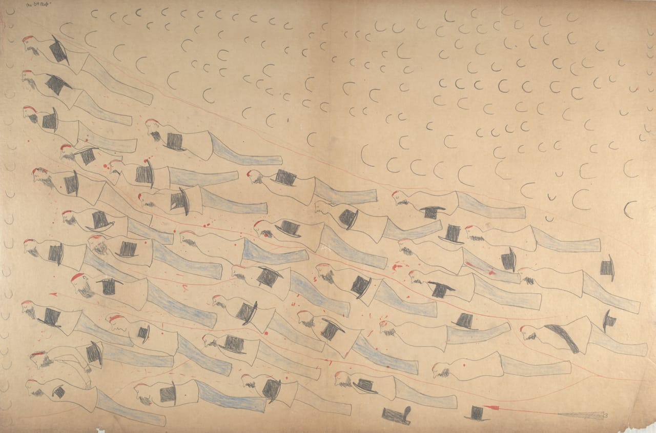Red Horse (Minneconjou Lakota Sioux, 1822-1907), Untitled from the Red Horse Pictographic Account of the Battle of the Little Bighorn, 1881. Graphite, colored pencil, and ink. NAA MS 2367A_08570500. National Anthropological Archives, Smithsonian Institution