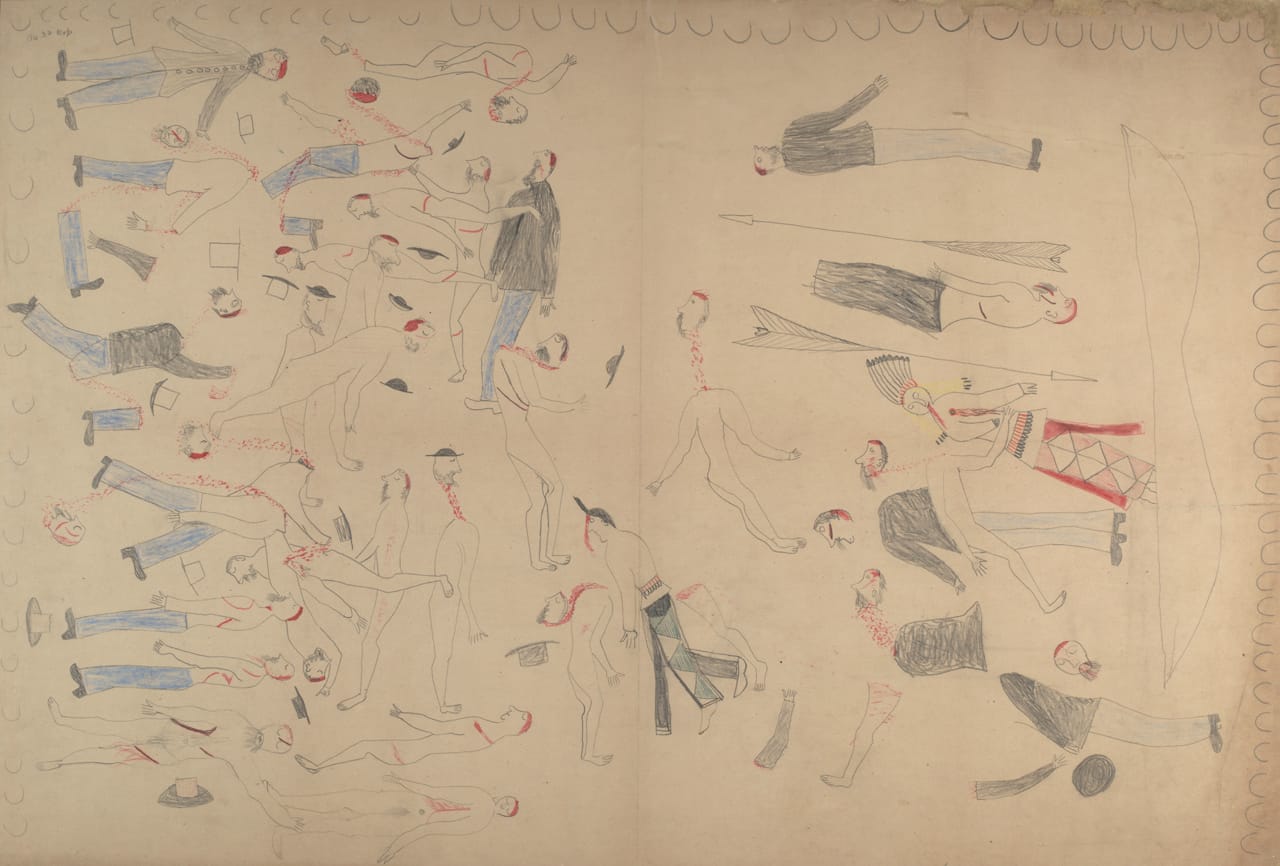Red Horse, "Untitled from the Red Horse Pictographic Account of the Battle of the Little Bighorn" (1881), graphite, colored pencil, and ink (NAA MS 2367A, 08570400, National Anthropological Archives, Smithsonian Institution)