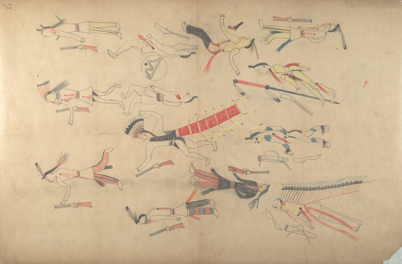 Red Horse, "Untitled from the Red Horse Pictographic Account of the Battle of the Little Bighorn" (1881), graphite, colored pencil, and ink (NAA MS 2367A, 08570200, National Anthropological Archives, Smithsonian Institution)