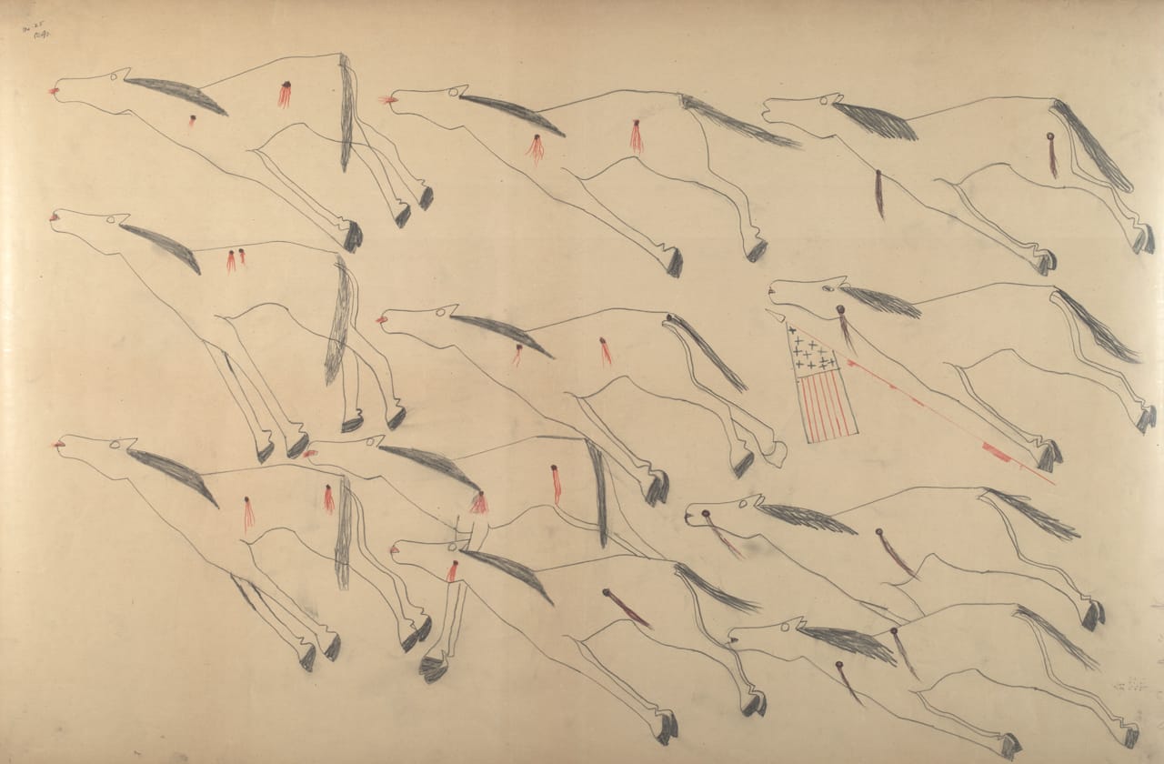 Red Horse, "Untitled from the Red Horse Pictographic Account of the Battle of the Little Bighorn" (1881), graphite, colored pencil, and ink (NAA MS 2367A, 08569900, National Anthropological Archives, Smithsonian Institution)