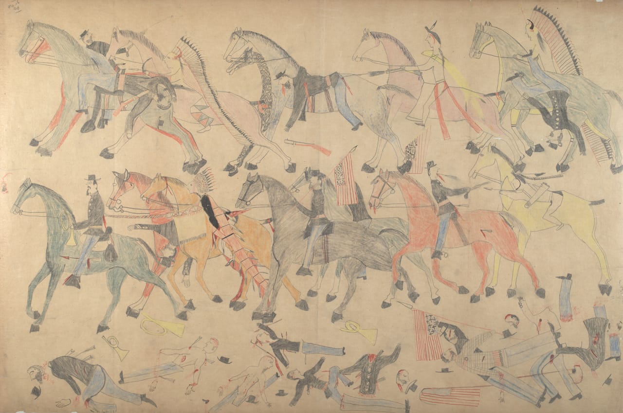 Red Horse, "Untitled from the Red Horse Pictographic Account of the Battle of the Little Bighorn" (1881), graphite, colored pencil, and ink