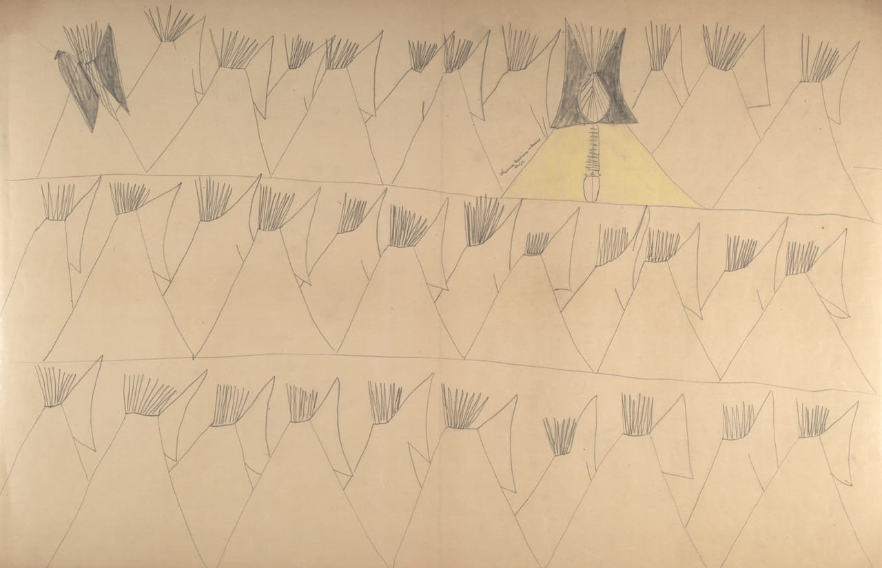 Red Horse, "Untitled from the Red Horse Pictographic Account of the Battle of the Little Bighorn" (1881), graphite, colored pencil, and ink