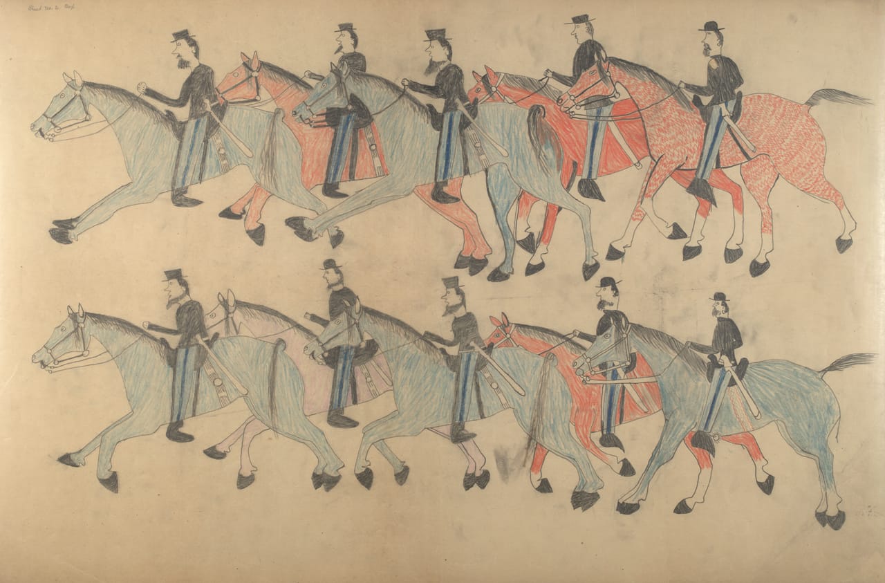 Red Horse, "Untitled from the Red Horse Pictographic Account of the Battle of the Little Bighorn" (1881), graphite, colored pencil, and ink (NAA MS 2367A, 08568000, National Anthropological Archives, Smithsonian Institution)