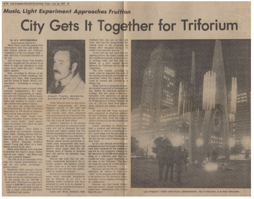 1977 Los Angeles Herald-Examiner article about the Triforium's political troubles (image courtesy of Los Angeles Public Library)
