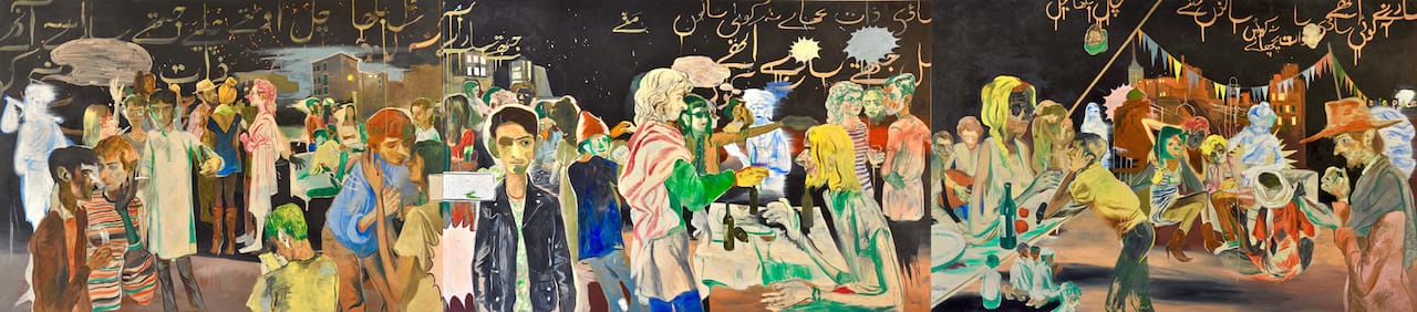 Salman Toor, "Rooftop Party With Ghosts (Triptych)" (2015), oil on canvas, 46.5 x 210 in.