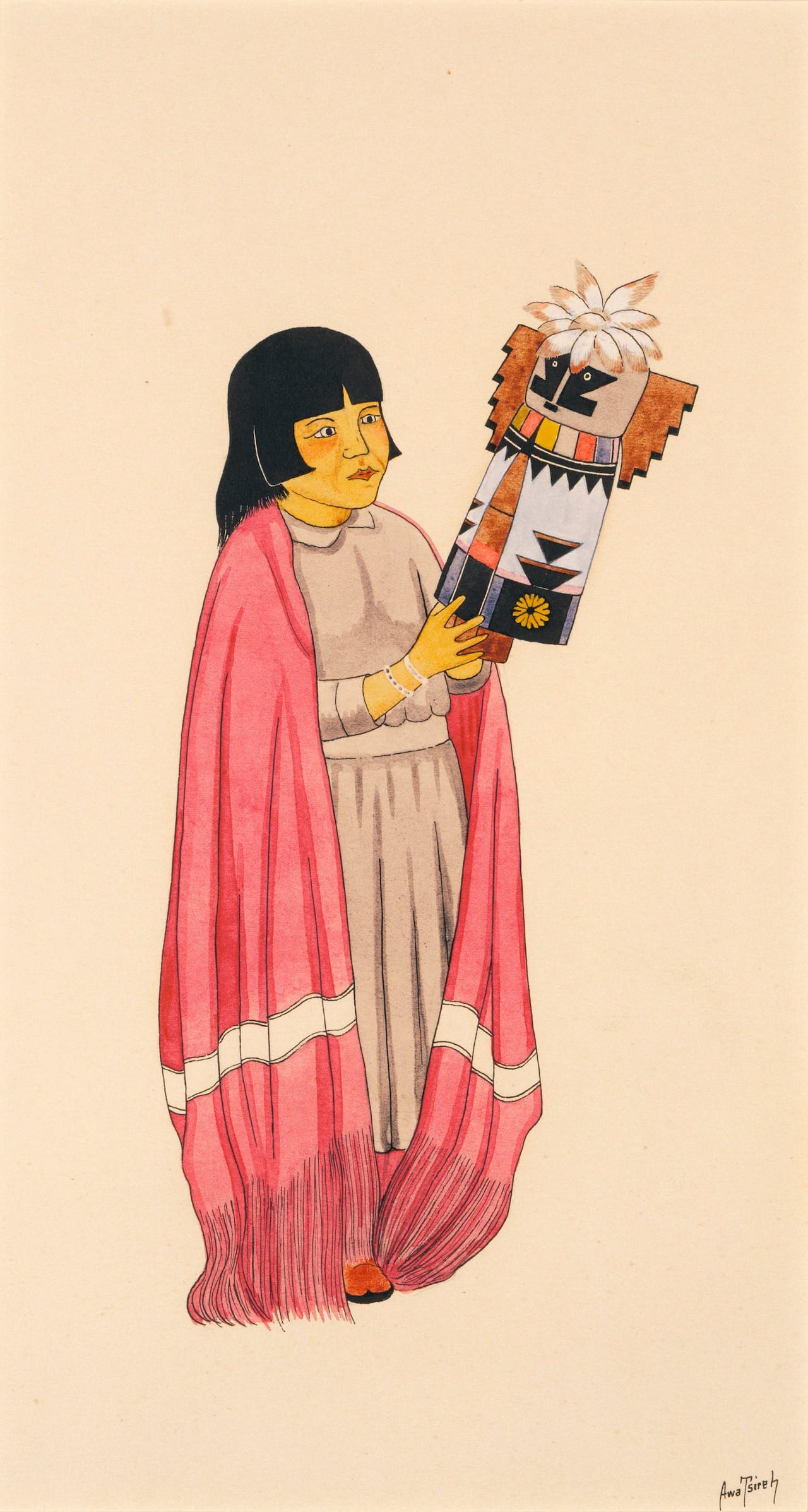 Awa Tsireh, "Girl Holding Kachina" (about 1925-1930), watercolor and ink on paperboard (click to enlarge)