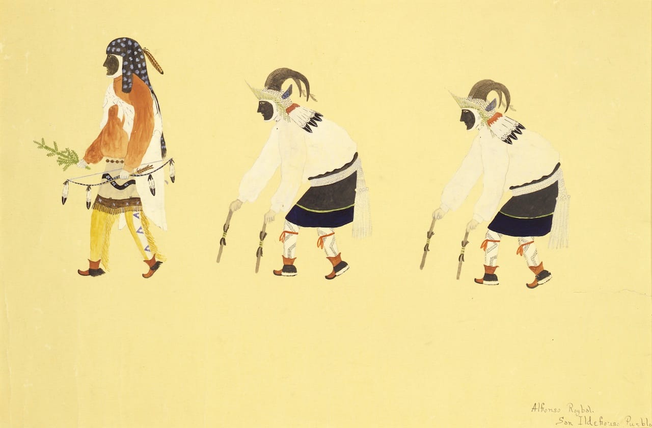 Awa Tsireh, "Hunting Priest and Mountain Sheep Dancers" (c. 1917-1920), watercolor and pencil on paperboard