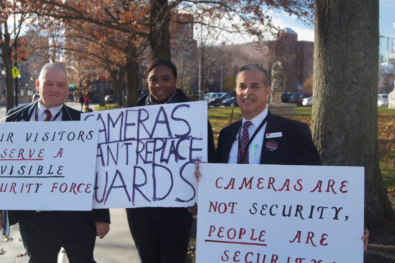 More of the gallery guard came out to join the protests on their break, including Lakia Prince (center), who was working her last shift. She was forced by the schedule changes to give up her position, which she's held since 2007.