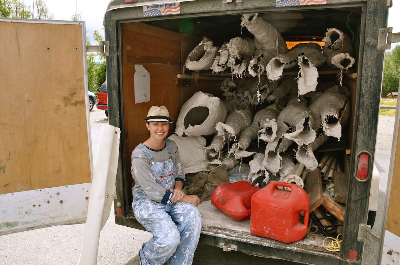 Sarah Davies with her van of materials and casts (photo courtesy 100 Stone)