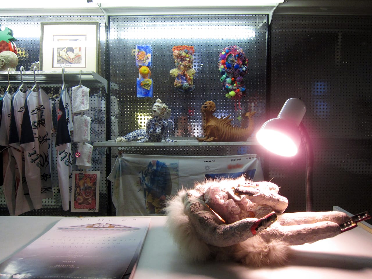 Beast sculptures by Roxanne Jackson and colorful mixed media works by Aimee Hertog