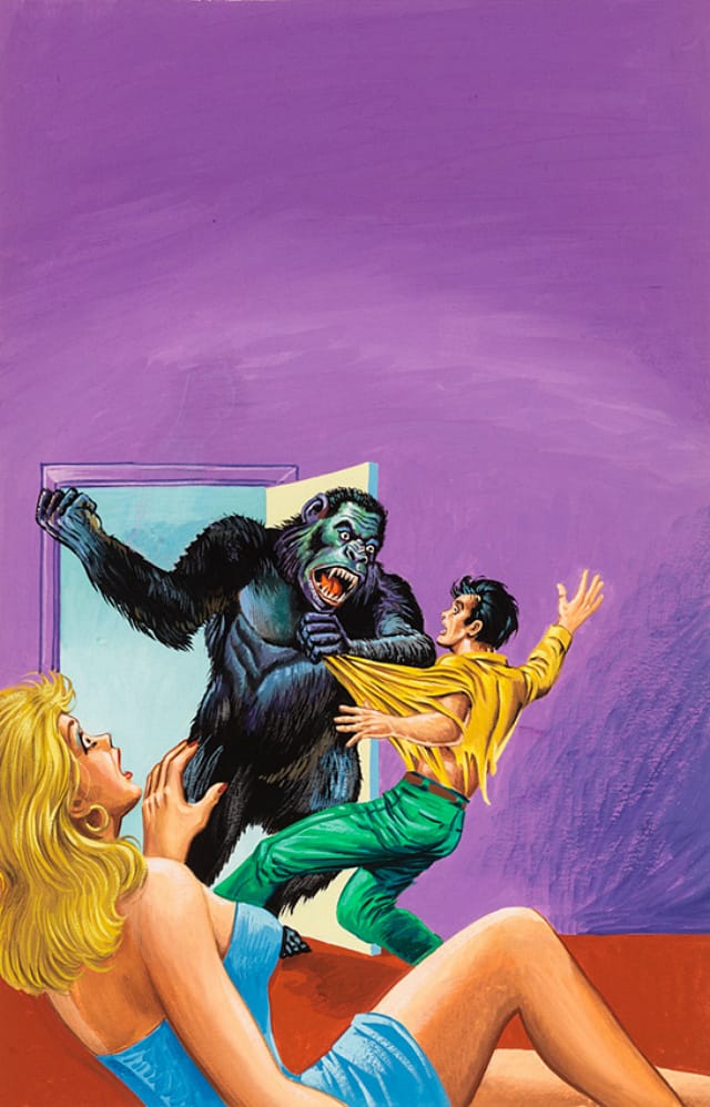 Unknown artist, “Untitled” (Gorilla attacking man as horrified woman watches) (1960–75) (courtesy Ricco Maresca Gallery)